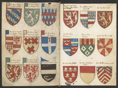 Wapenboek Beyeren (armorial) - KB79K21 - folia 053v (vlevo) a 054r (vpravo) od Binder